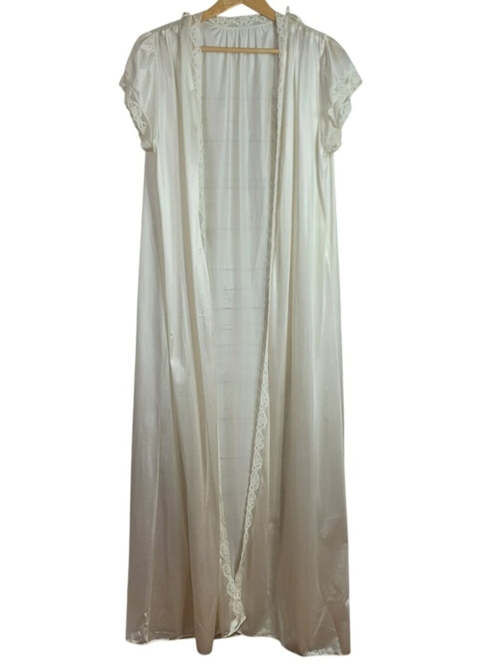 Miss Elaine Long Robe Peignoir Cream Large Lace Stripe ILGWU Nylon USA VTG READ